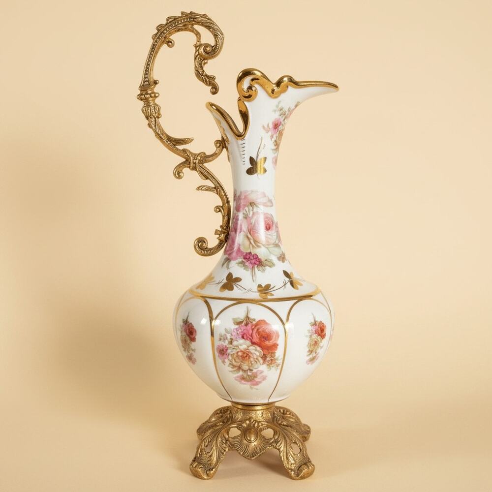 Antique Style Porcelain Ewer-Gilt Handle-Floral Urn-Rococo-French-Victorian-Rose